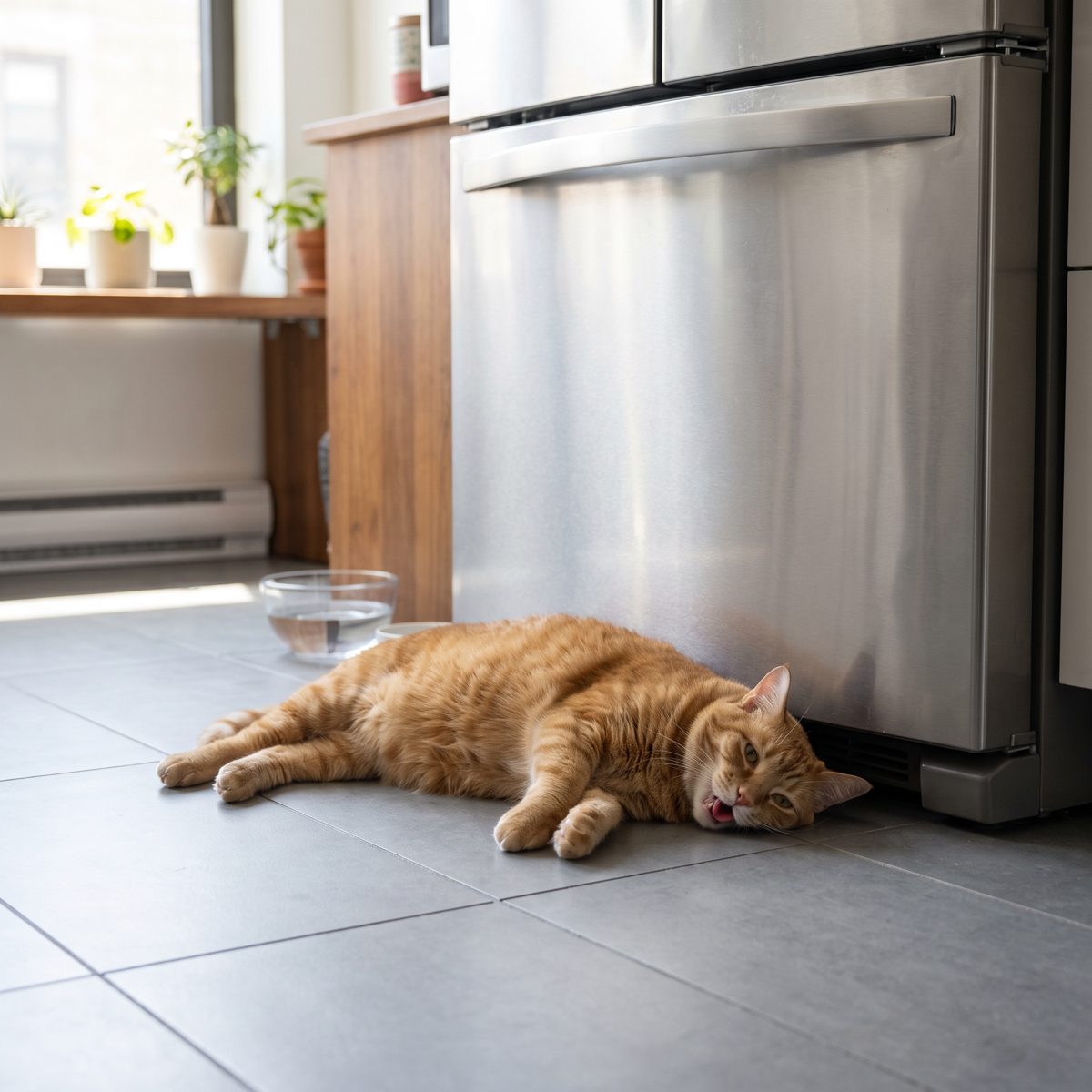 Chat couché contre le frigo pour trouver du frais