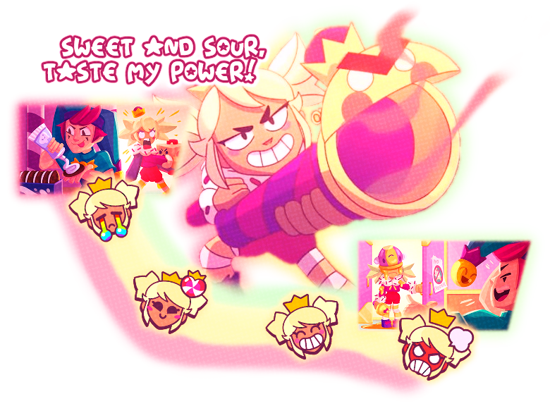 A graphic of Mandy from Brawl Stars. She's standing in the middle looking smug while pointing her gun slightly away from the viewer. There's text next to her that reads "Sweet and sour, taste my power!" with the A's being stylized into stars, and the O's having stars inside of them. Below Mandy there's a rainbow stripe that curves slightly, the rainbow is made up of 3 stripes of different colors (pastel red, pastel yellow and pastel green). At both ends of the rainbow there's drawings of Mandy and Chester made by Makoyana. On the upper end, the drawing depicts Chester putting toothpaste in oreos to replace the cream, and you can see Mandy surprised in the background. On the lower end, the drawing depicts Chester laughing at Mandy, who was pranked and now has a pot of honey on her head. Throughout the rainbow there's icons of Mandy, going from sad to happy and finally to angry.