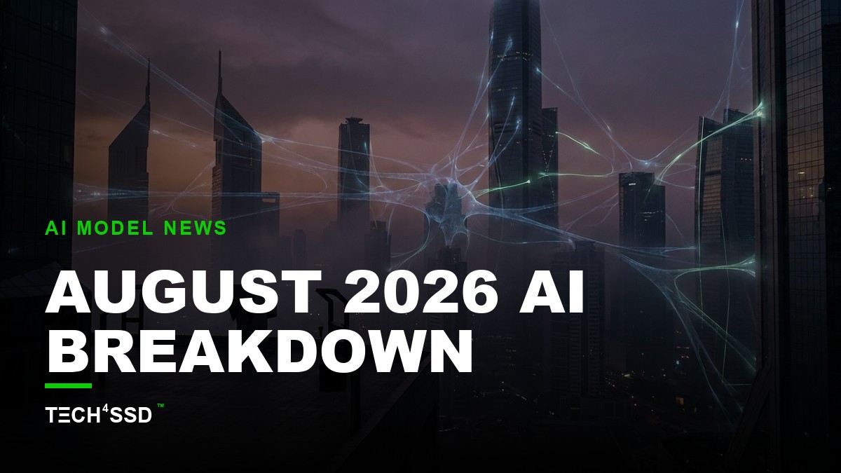 Futuristic cityscape with glowing neural network lines connecting buildings, representing the August 2026 AI roundup and tech companies.
