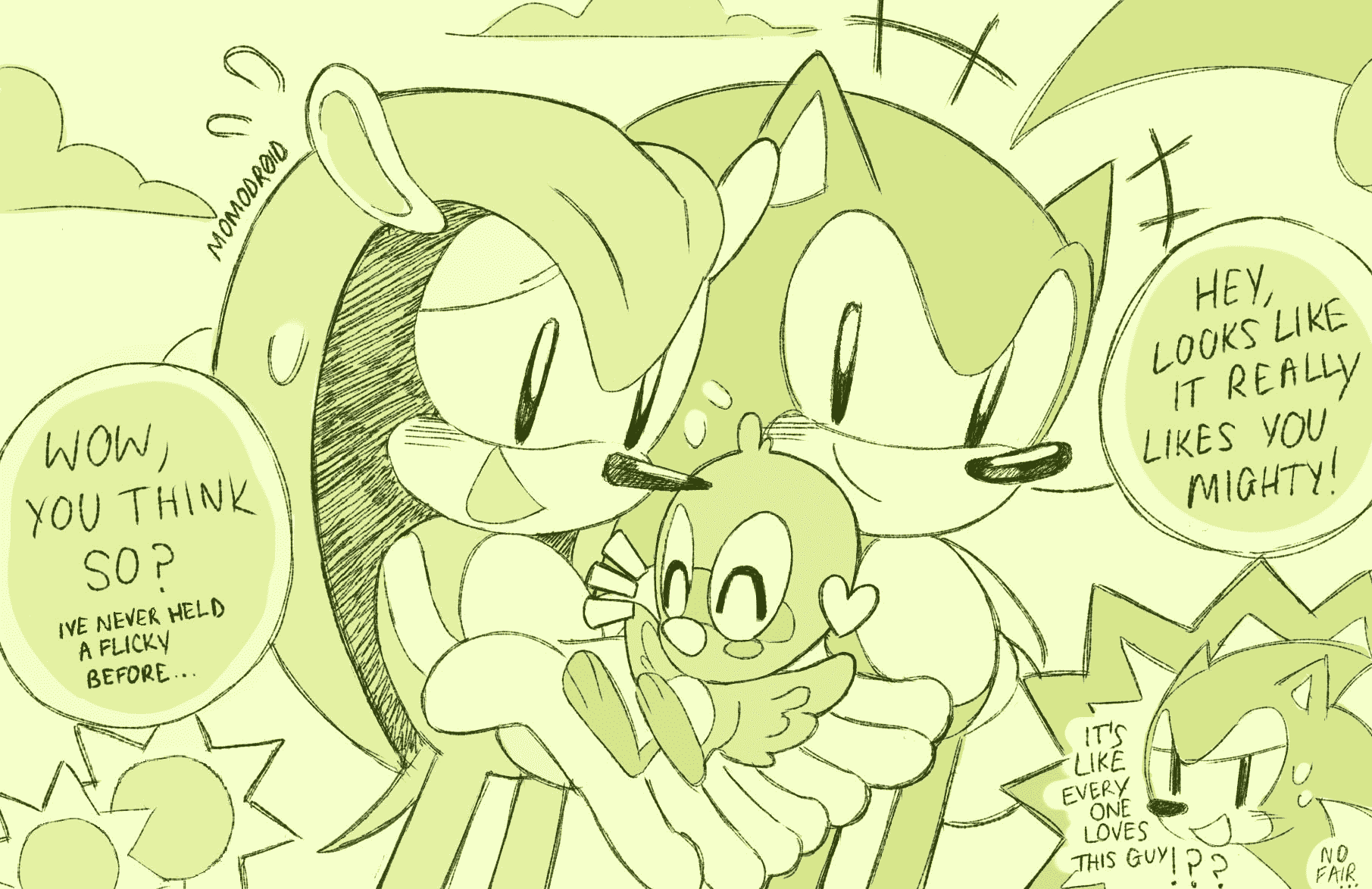 Everyone likes Mighty, Sketch of Mighty and Sonic hanging out, Mighty is holding a bird which appears to be very happy to be there. Sonic comments that the bird really likes Mighty and Mighty responds by saying he has never held a bird before. Sonic in the corner makes a snarky comment that everyone seems to love Mighty