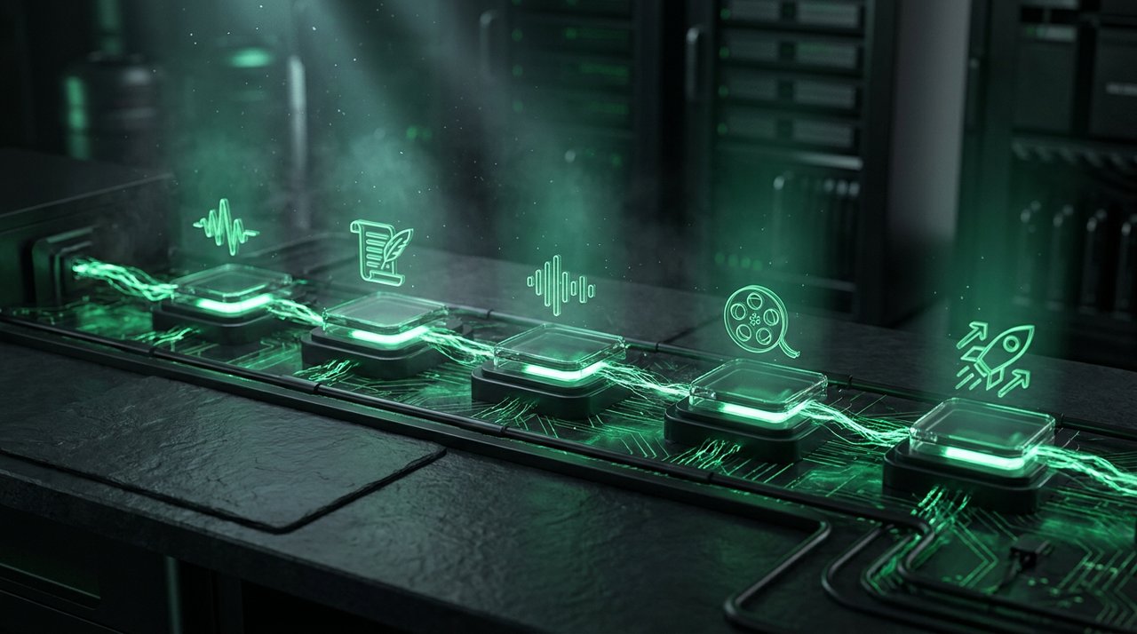 A content production pipeline of glowing green stages from idea to publish