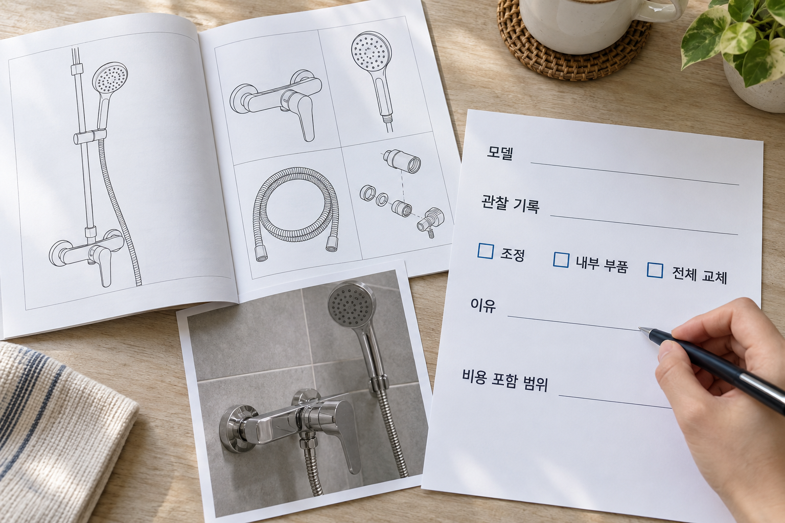 수전 모델과 관찰 기록을 바탕으로 작업 범위와 비용 포함 항목을 준비하는 설명용 장면