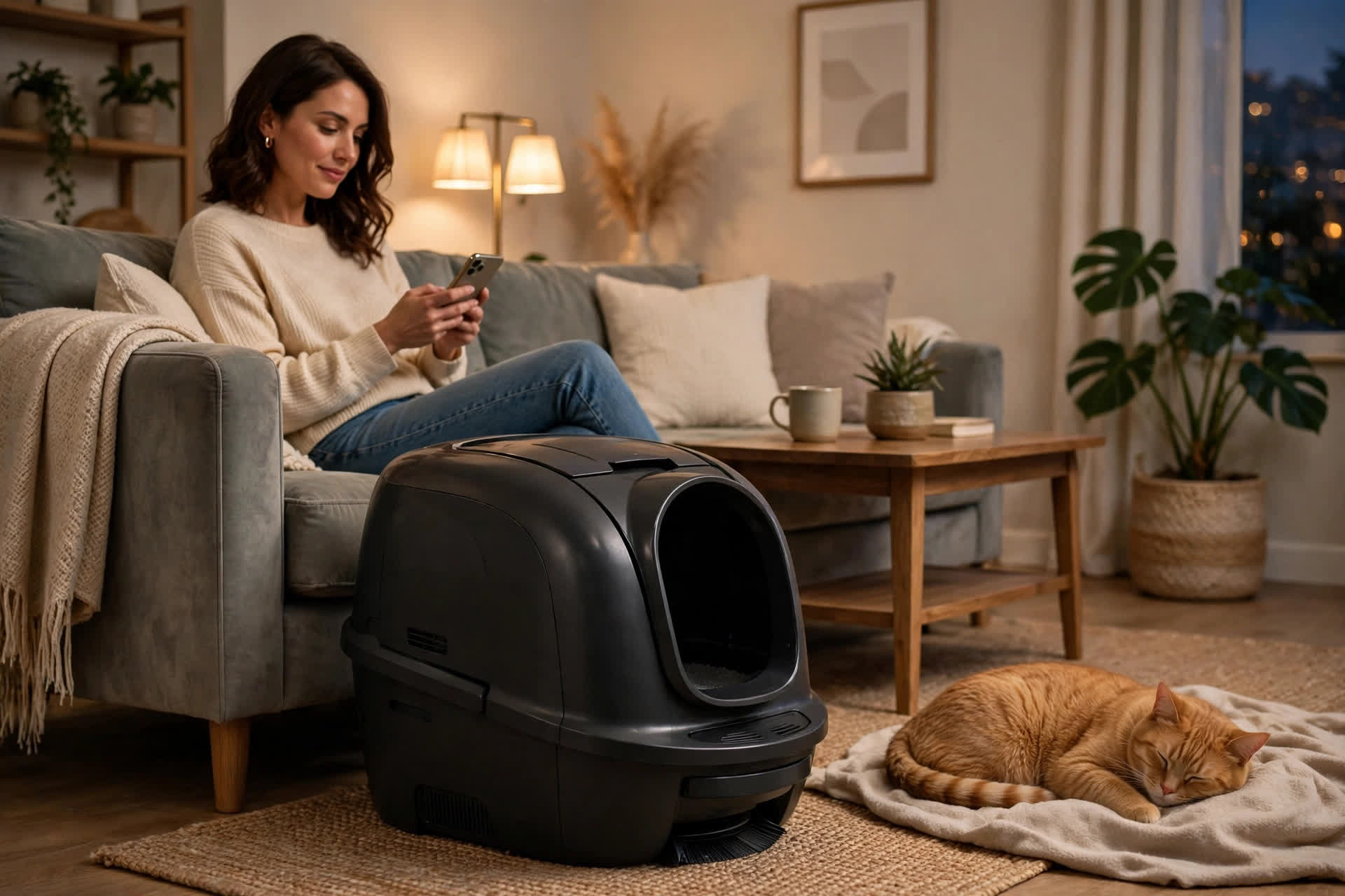 Woman checking the Whisker app on her phone beside the Litter-Robot 4