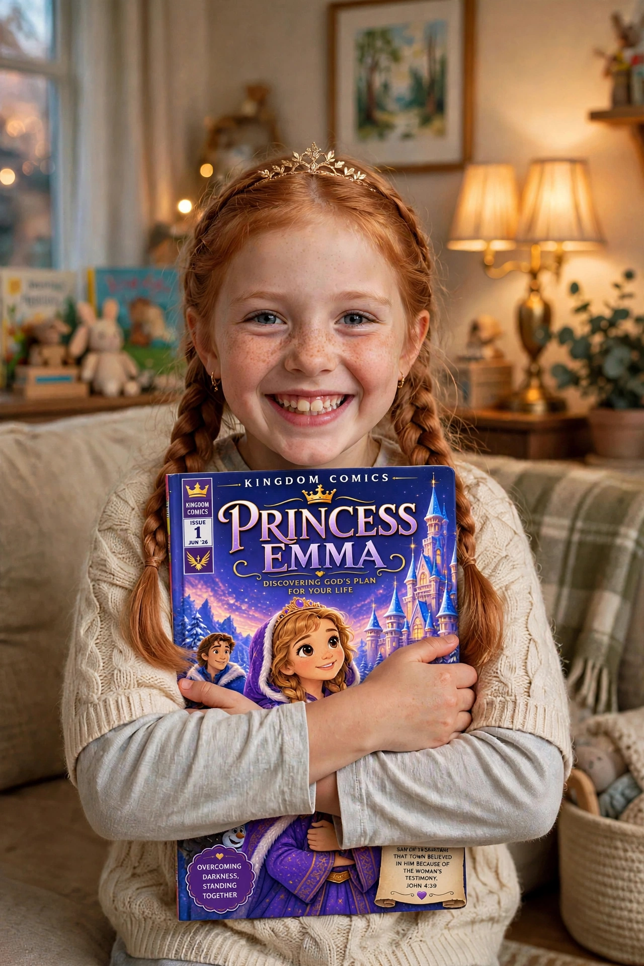 The same girl hugging her Princess Emma devotional book
