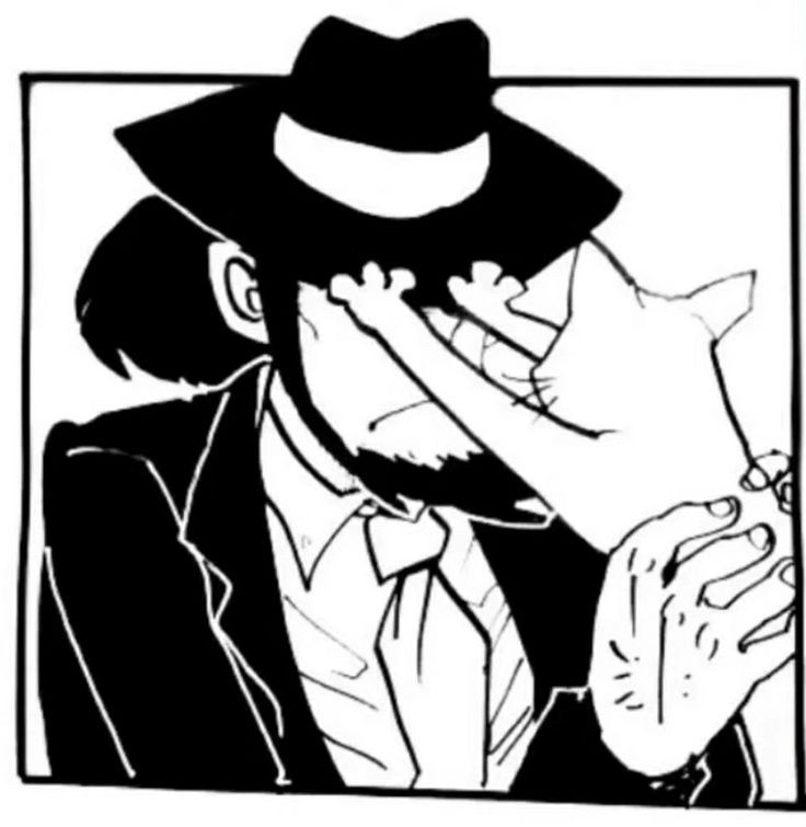 Picture in black and white of Jigen and a white cat. The cat has its paws on Jigen's hat, making it so he can't see. Jigen is also holding the white cat.