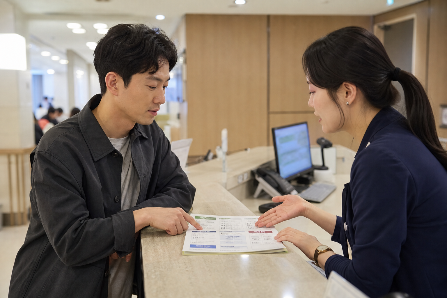 병원 접수창구에서 수면 위내시경 추가 비용과 귀가 준비를 묻는 환자