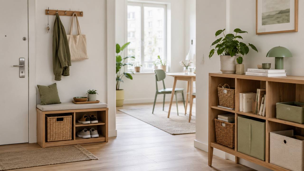 Bright apartment entryway with organized storage, baskets, hooks, and subtle sage accents.