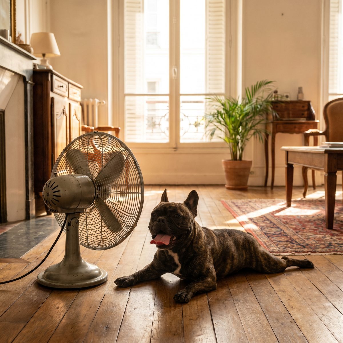 Bouledogue qui halète encore malgré le ventilateur
