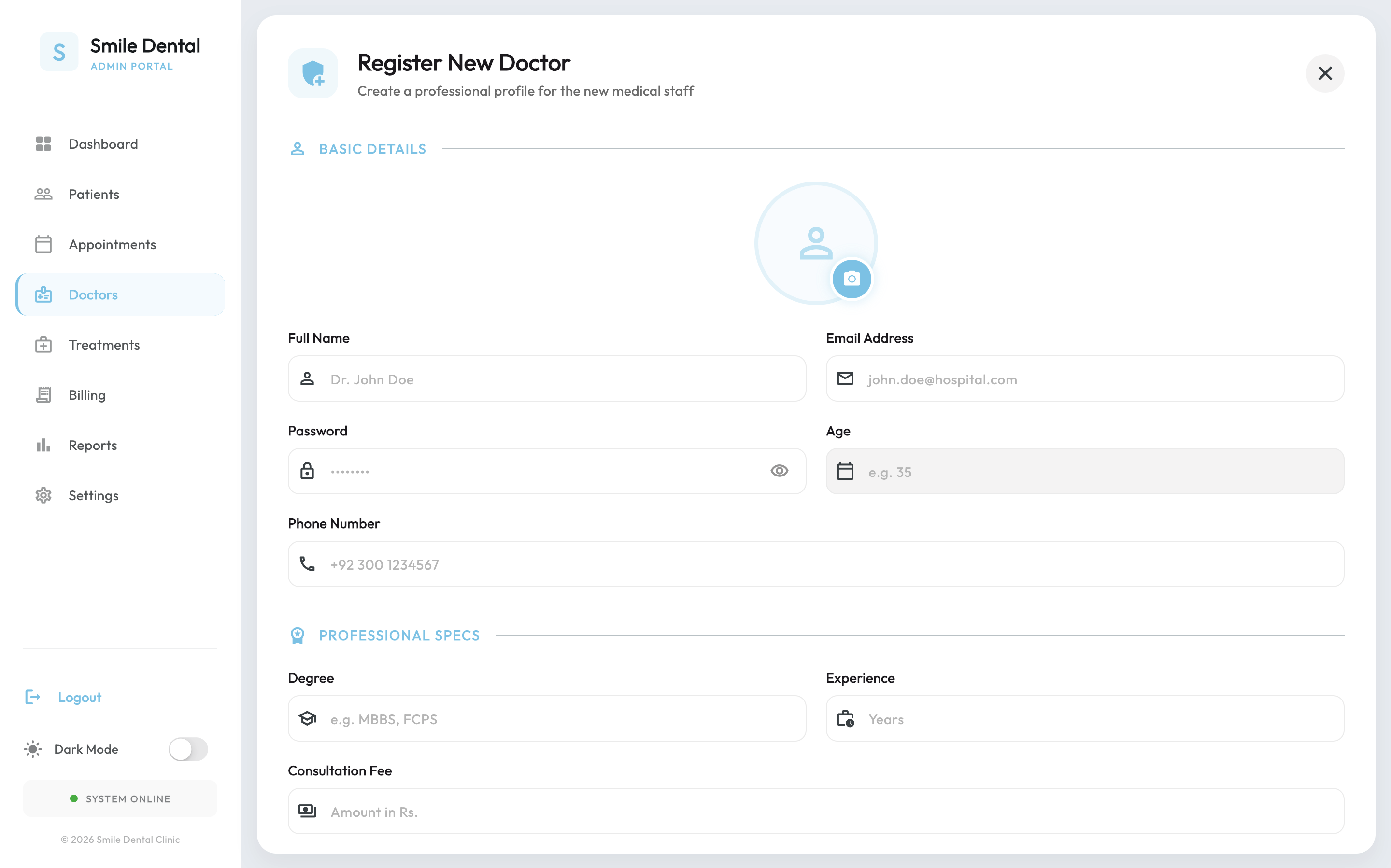 Admin Panel Doctor Management and Consultation Fee Rates
