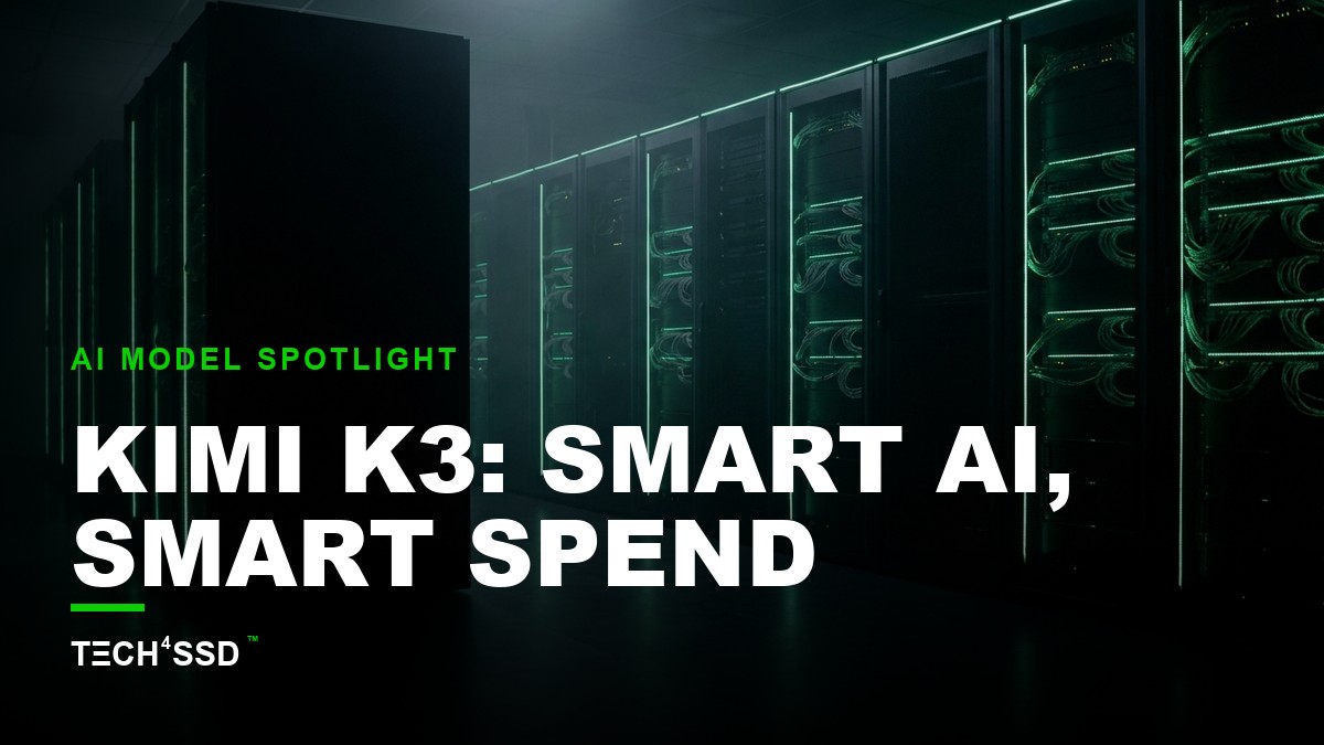 A futuristic data center with glowing green lines representing optimized data flow, symbolizing Kimi K3's efficiency.