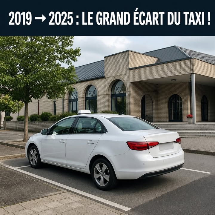 Une voiture blanche avec un logo taxi sur le toit est garée devant un bâtiment en briques claires à fenêtres arquées.