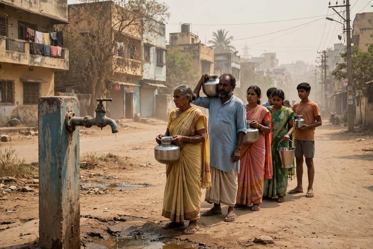 सूखे नल के पास पानी के बर्तनों के साथ कतार में खड़े लोग