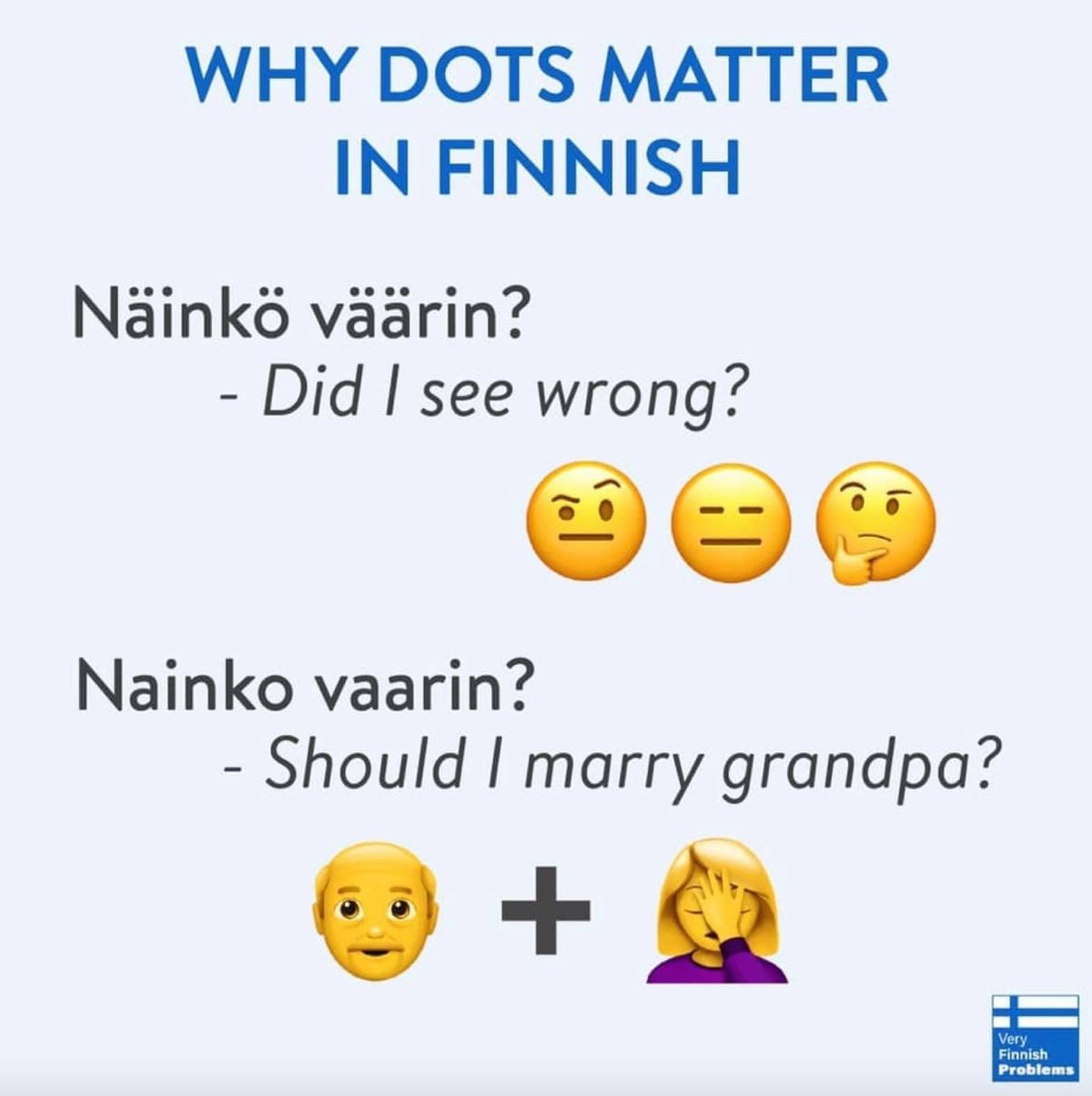 Finnish language meme showing Nainkö vaarin means did I see wrong and Nainko vaarin means should I marry grandpa