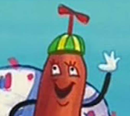 A cartoon hotdog smiling and waving