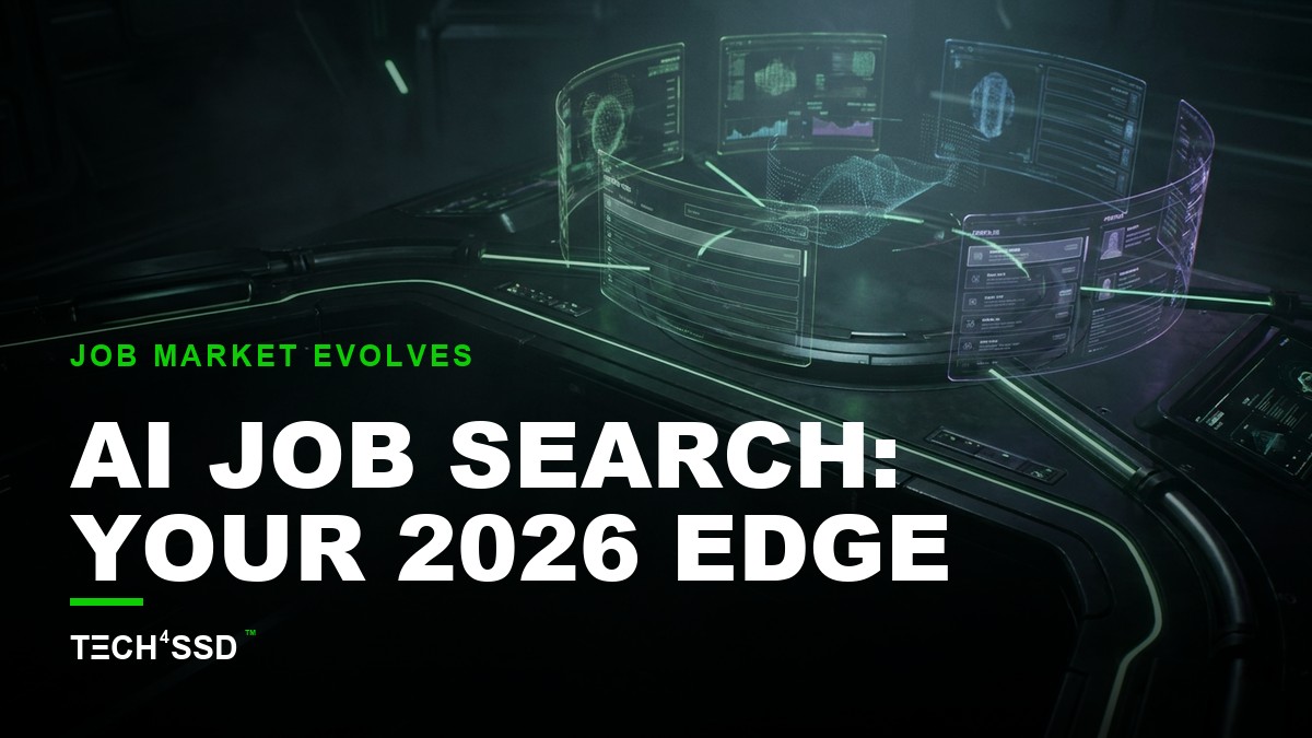 Stylized graphic showing a job seeker interacting with an AI-powered resume builder, with neural network lines connecting to job descriptions and interview questions, set against a dark, moody background with subtle neon-green accents.