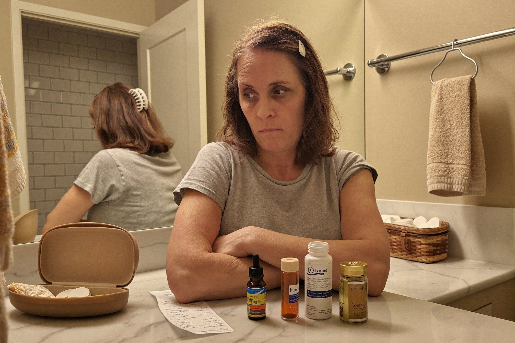 A bathroom vanity counter with several supplement bottles lined up, a woman looking at them with a tired expression.