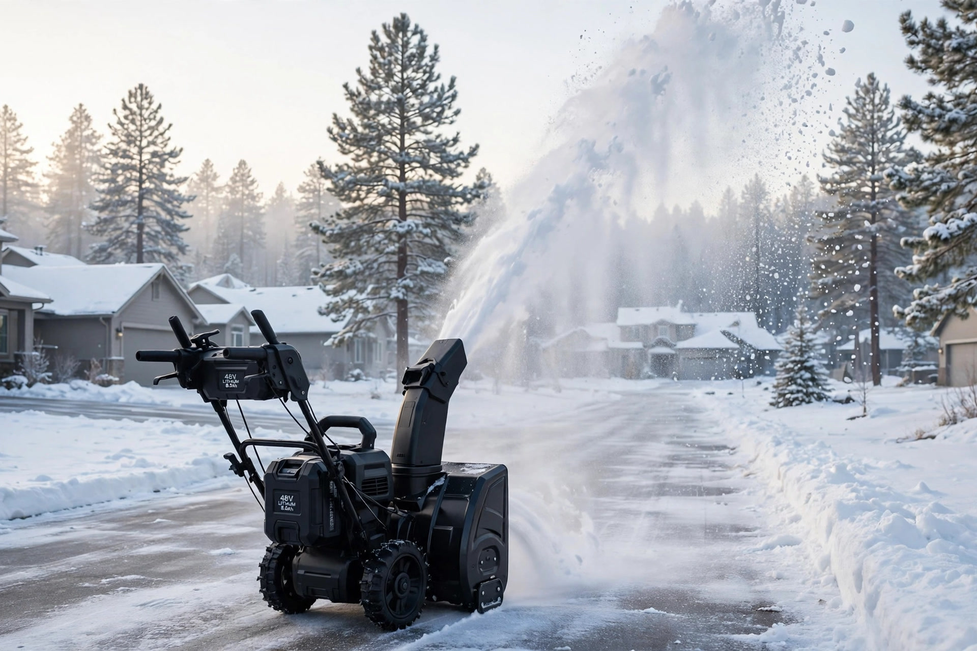 EGO SNT2405 snow blower throwing a tall plume of snow while clearing a suburban driveway