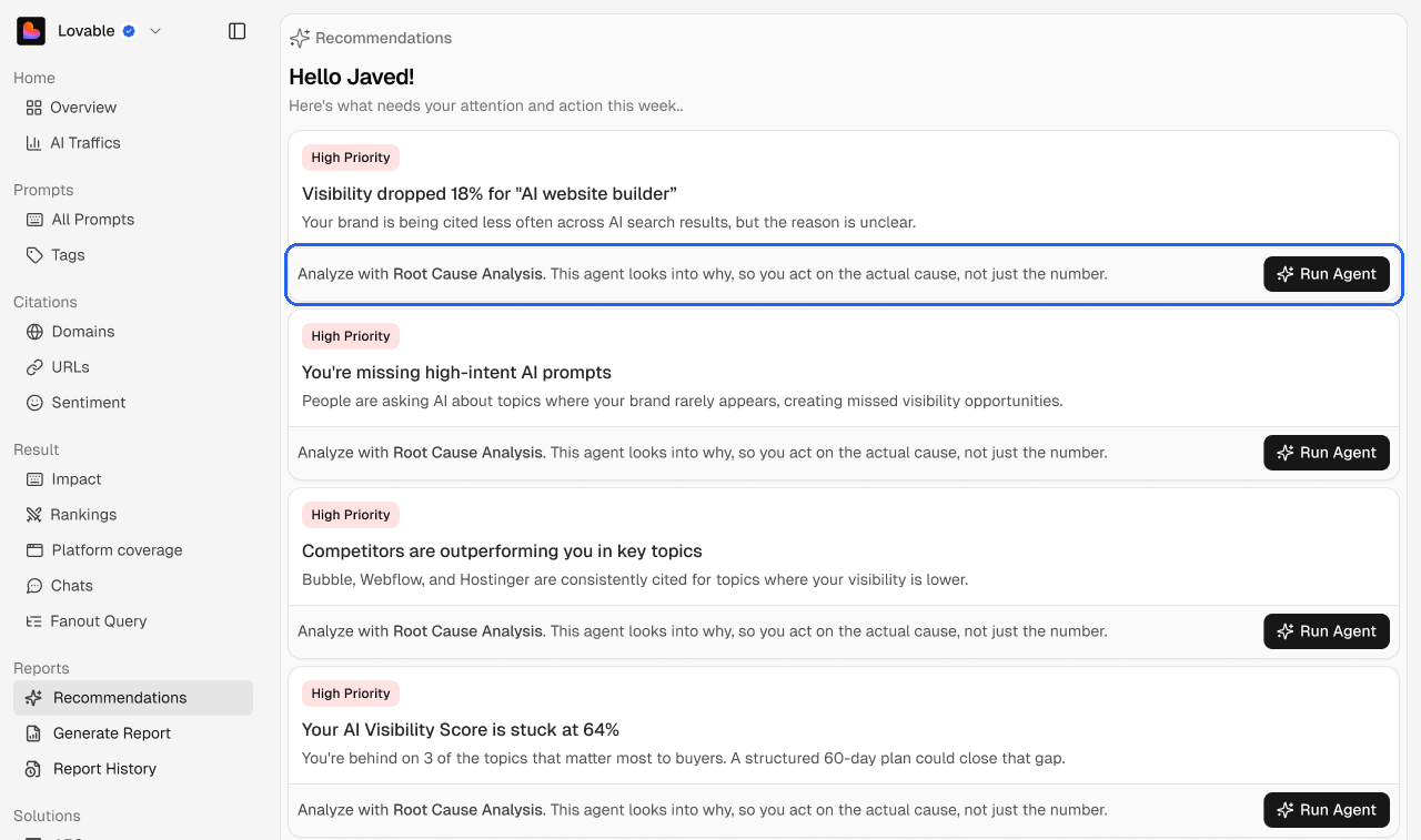 Running an agent from a recommendation