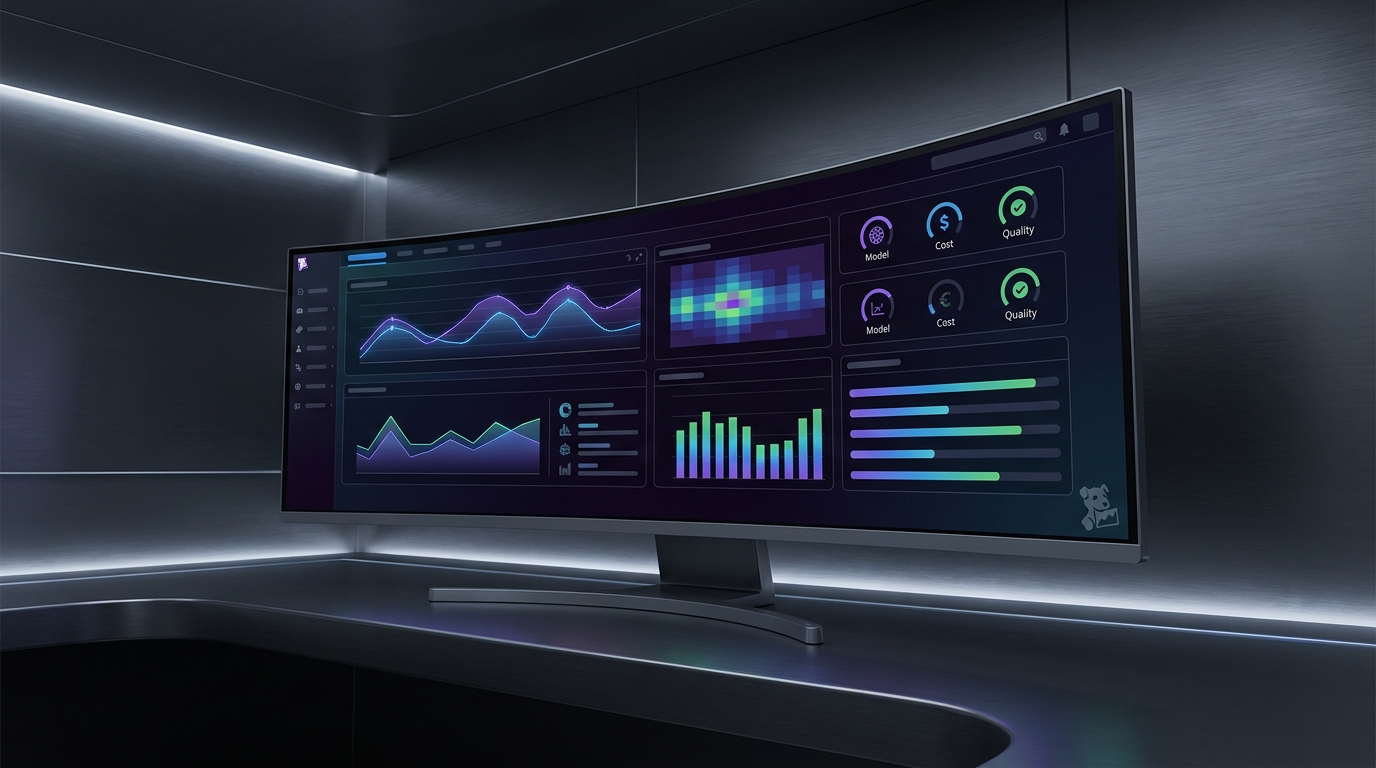 Real-time dashboard showing AI model performance, cost, and quality metrics, representing observability in Enterprise GenAI Workflows.