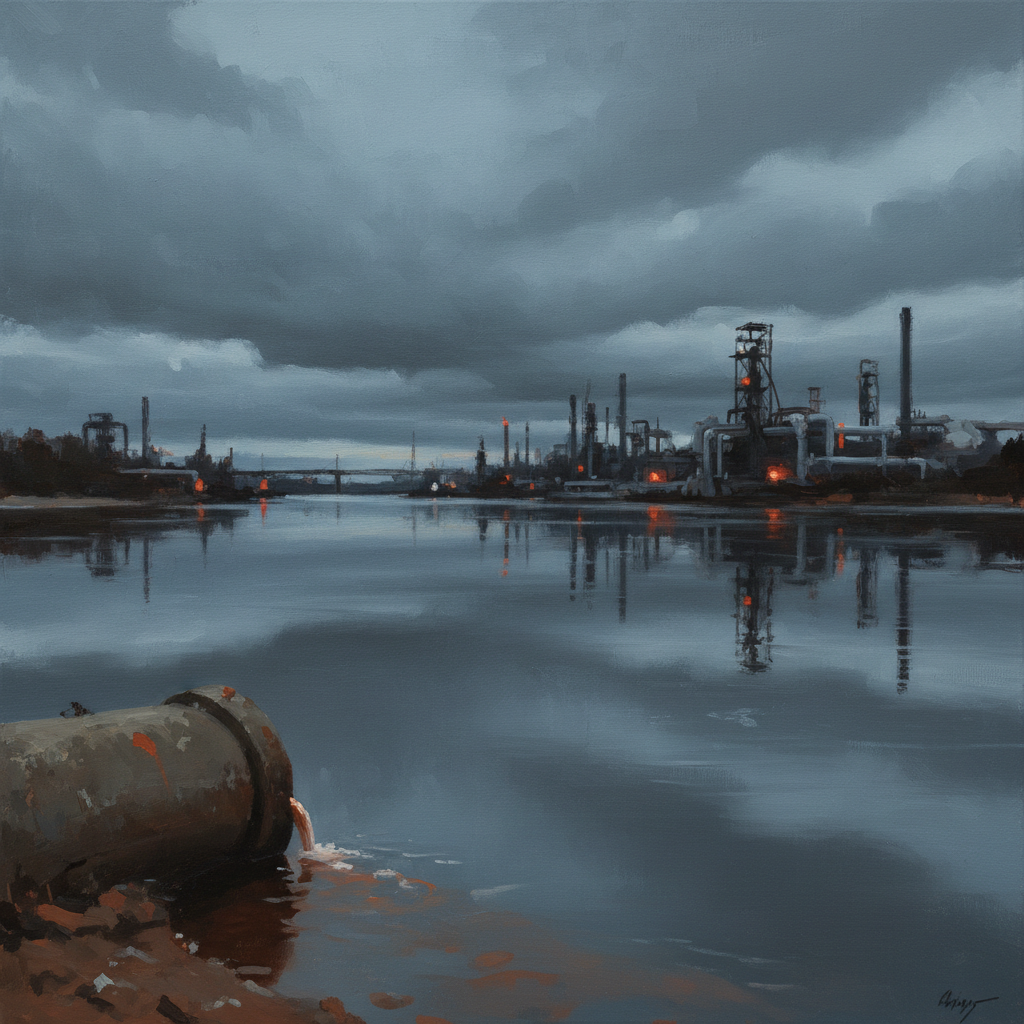 Industrial river outflow at dusk