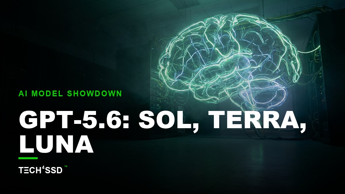 Futuristic glowing neural network representing GPT-5.6 models, with Sol, Terra, and Luna nodes, against a dark, tech-inspired background.
