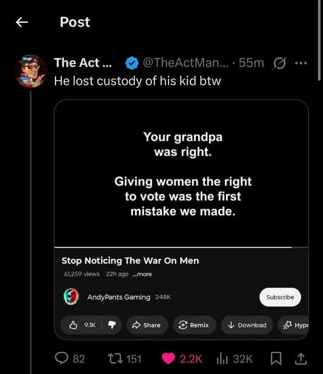 Screenshot of an AndyPants Gaming video titled 'Stop noticing the war on men' with the video showing the text 'Your grandpa was right. Giving women the right to vote was the first mistake we made.' It's been posted to Twitter by the Act man who captions it with 'He lost custody of his kid btw'.