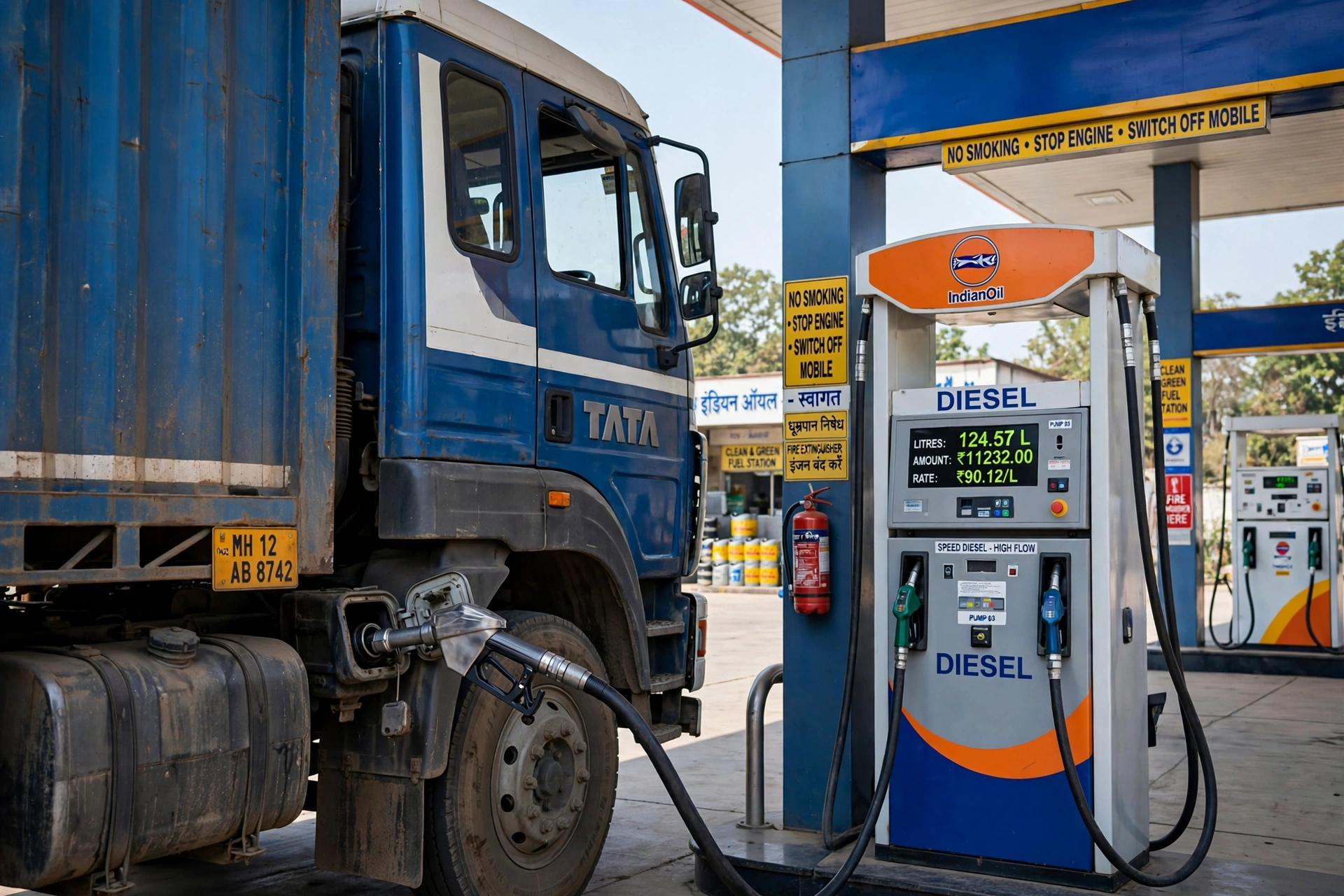 Diesel nozzle refuelling a commercial truck — best diesel fuel station in Latur district