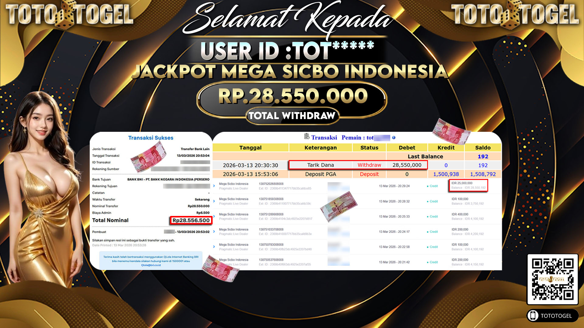 Bukti Pembayaran Jackpot Permainan Pragmatic Live Mega Sicbo Indonesia ID:TOT*****LUNAS
