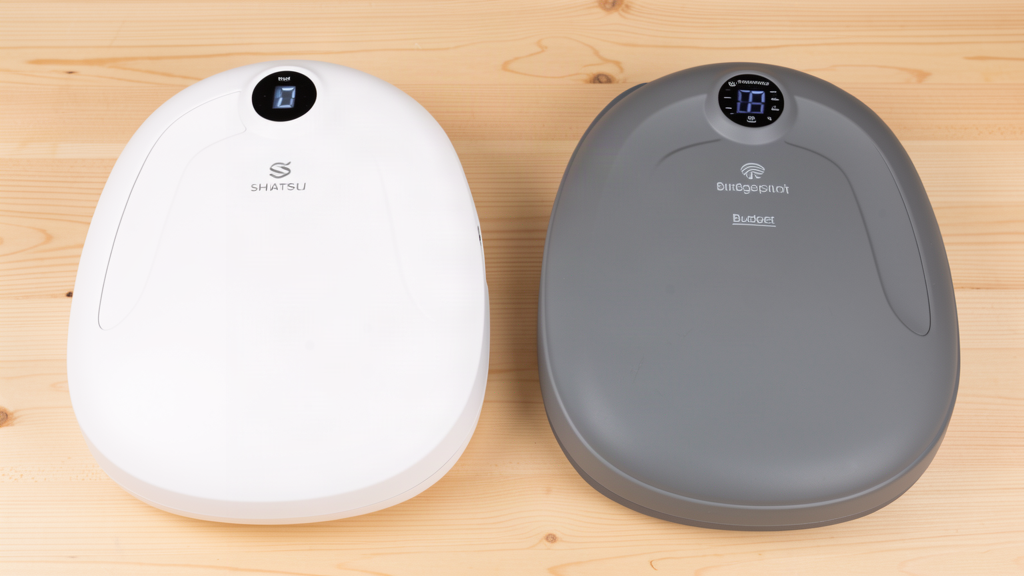 Miko foot massager and Nekteck foot massager side by side on a wooden floor