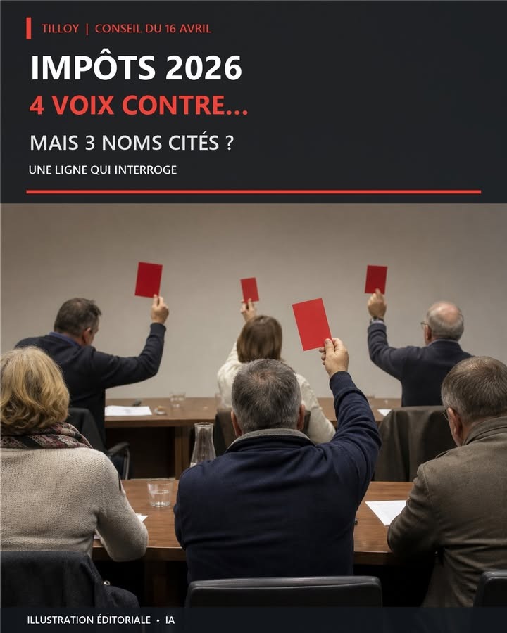Des conseillers municipaux vus de dos lèvent des cartes rouges lors d'un vote en réunion.