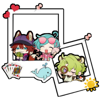 an edit of rinne amagi and kanata shinkai in a polaroid and hiyori tomoe in a second polaroid beside the first one . there's a deck of cards beside rinne, a cartoon whale underneath kanata, and a sun beside hiyori