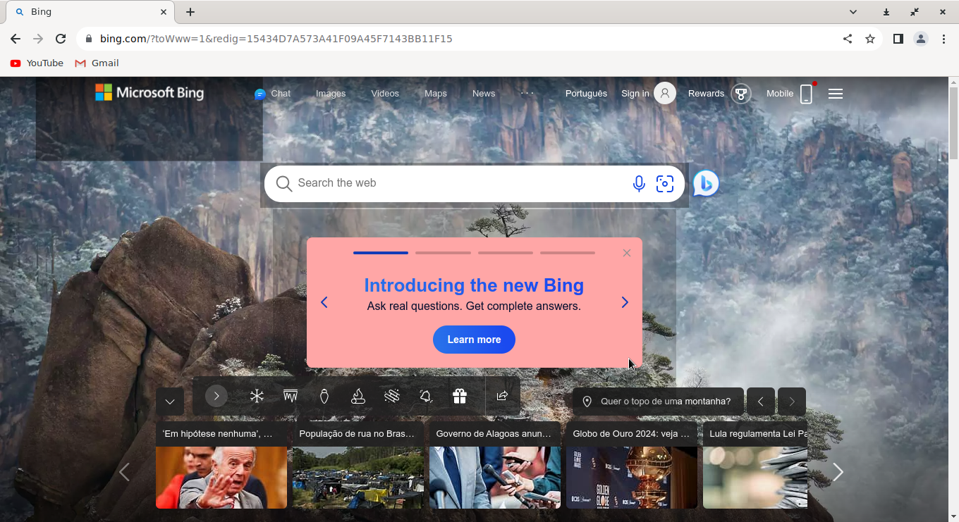Bing.com with many errors, like a red "Introducing the new bing" box