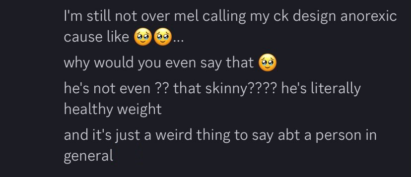 chem explaining that mel called his ck design anorexic