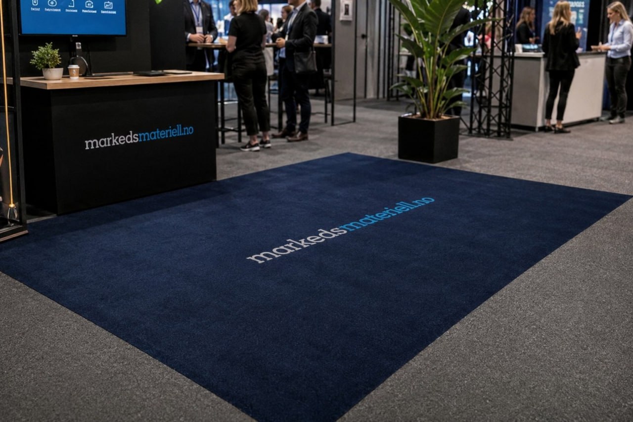 Kontormiljø med markedsmateriell.no brandede vegggrafik og counter