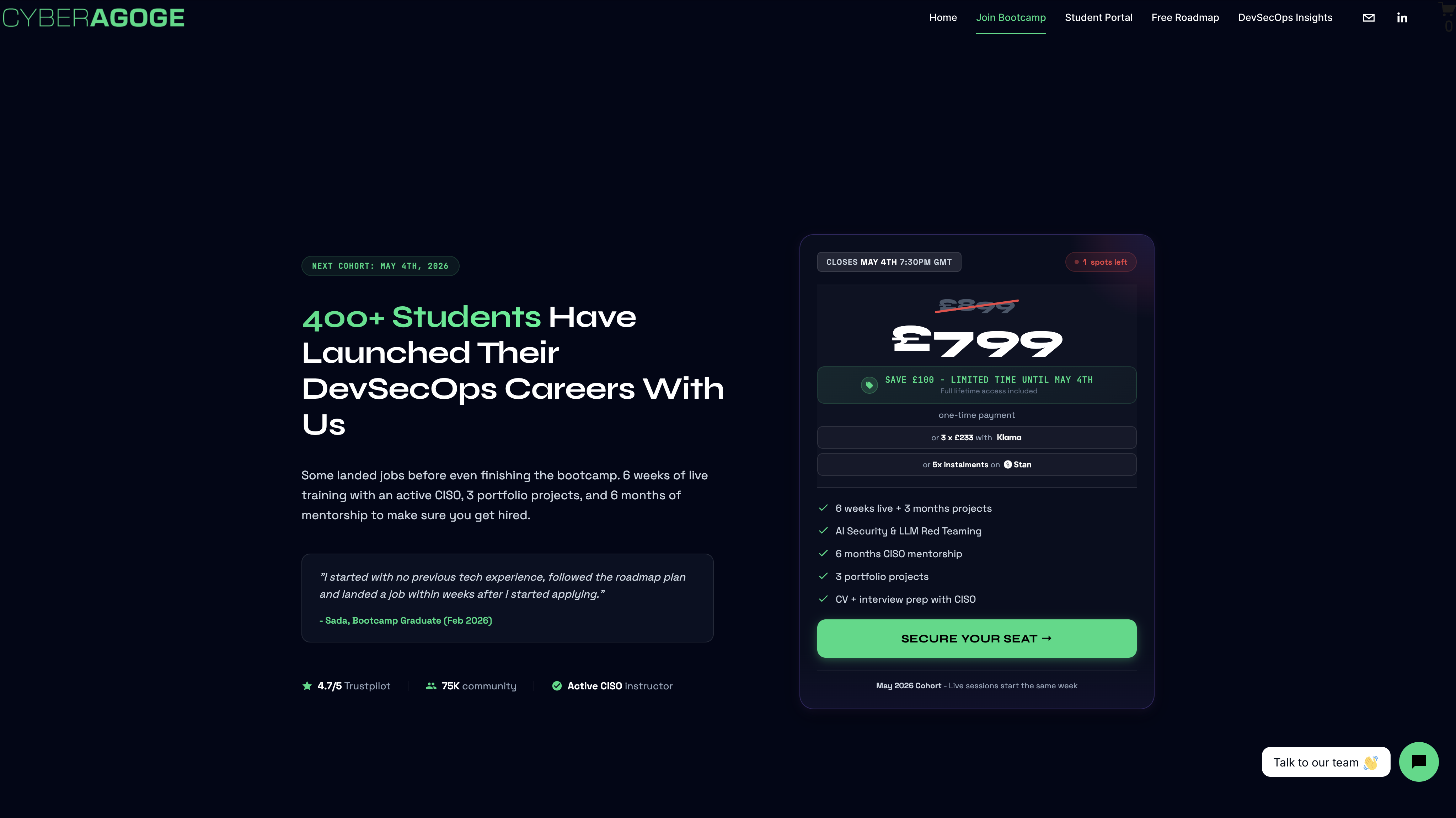 Cyberagoge.com homepage hero - 400+ students launched their DevSecOps careers