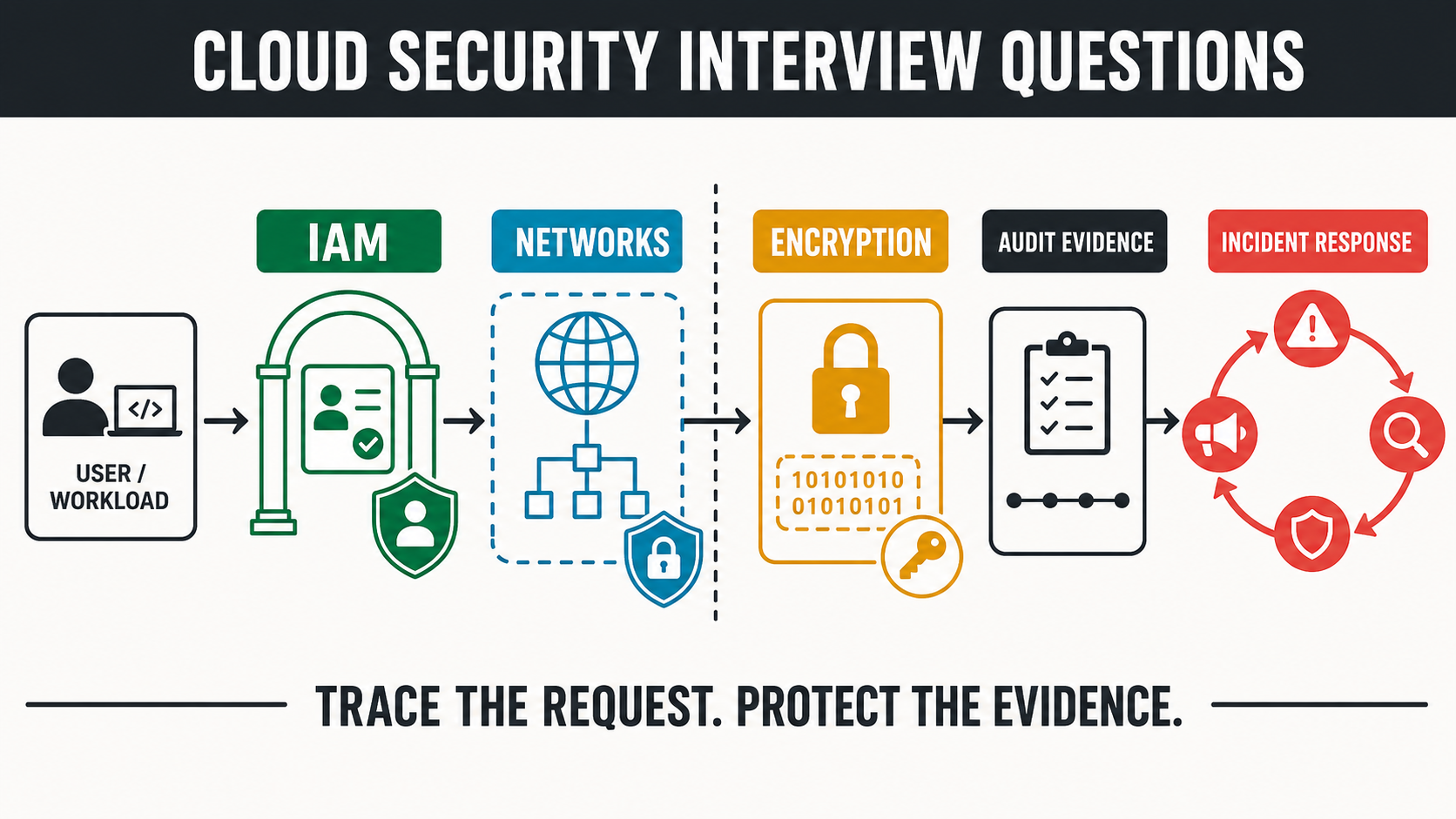 Cloud security interview questions covering IAM encryption networks and incident response