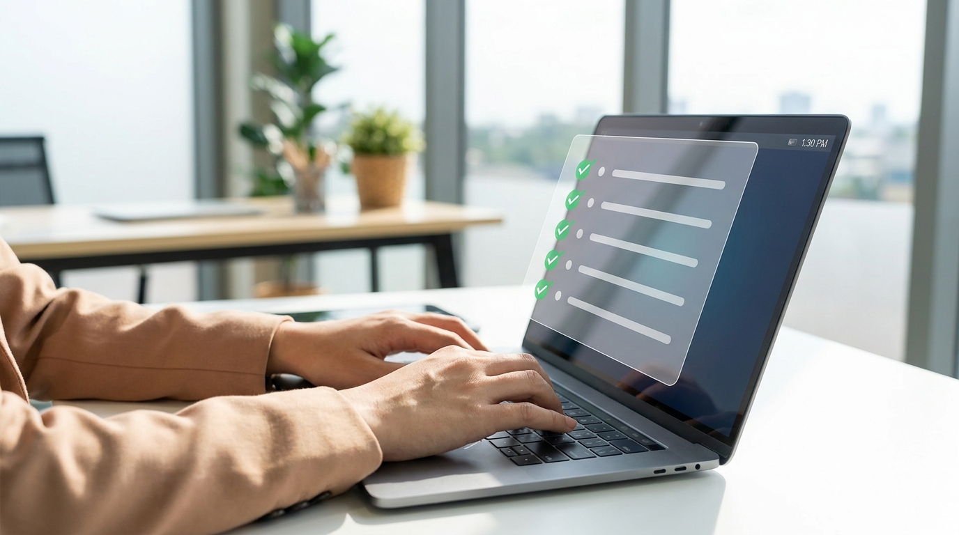 A person typing on a laptop with a digital checklist on the screen, illustrating the creation of an AI incident response playbook.