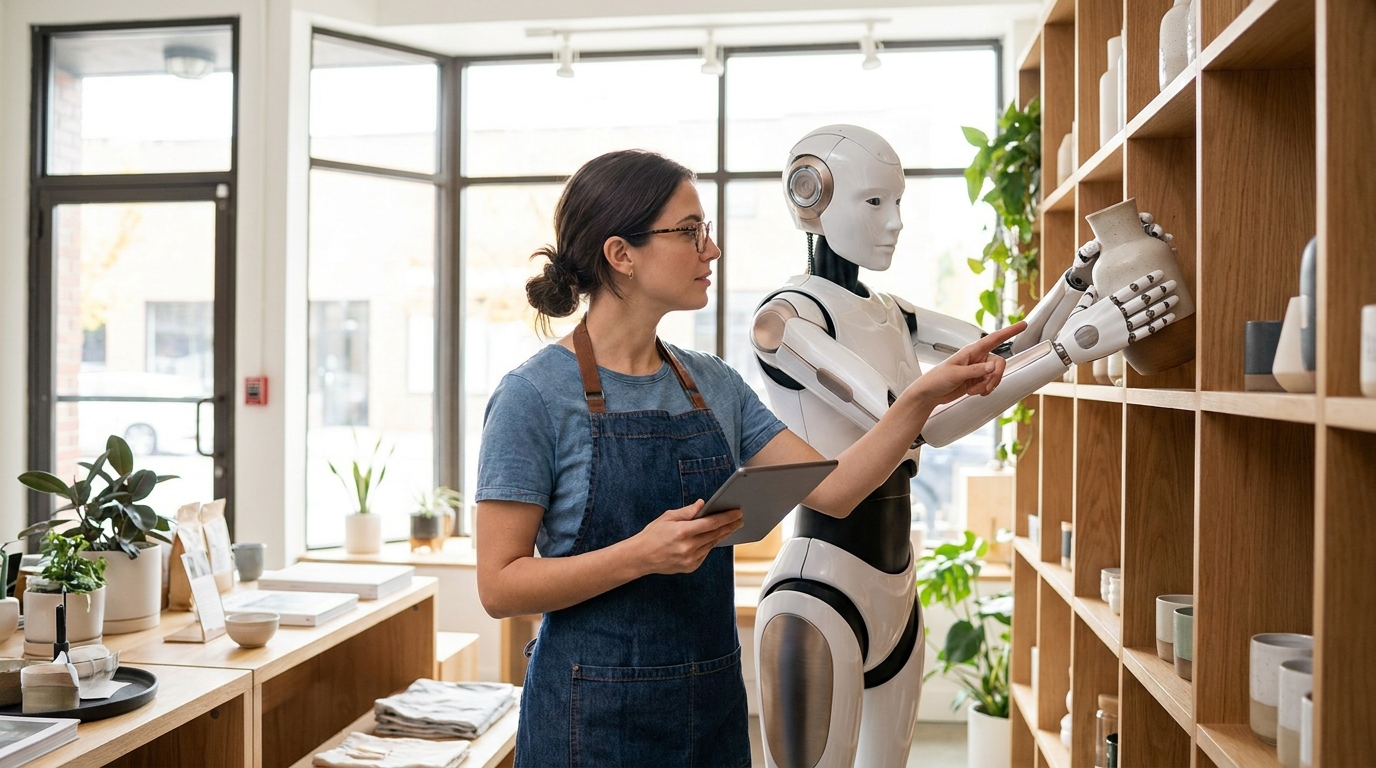 A small business owner working alongside a humanoid robot, powered by Gemini Robotics 2, collaboratively organizing shelves in a retail store.