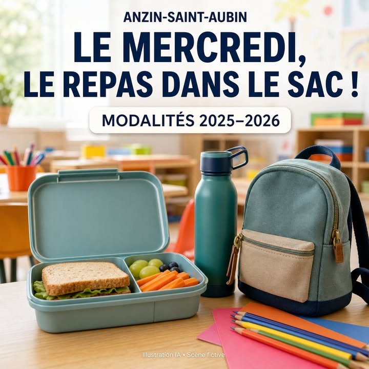 Boîte à lunch ouverte avec sandwich et fruits, gourde et sac à dos posés sur un bureau scolaire.
