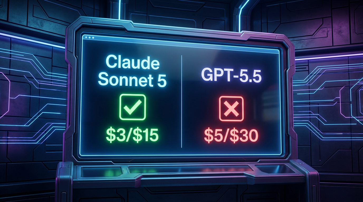 Digital scoreboard comparing Claude Sonnet 5 and GPT-5.5 pricing, highlighting Sonnet 5's lower cost.