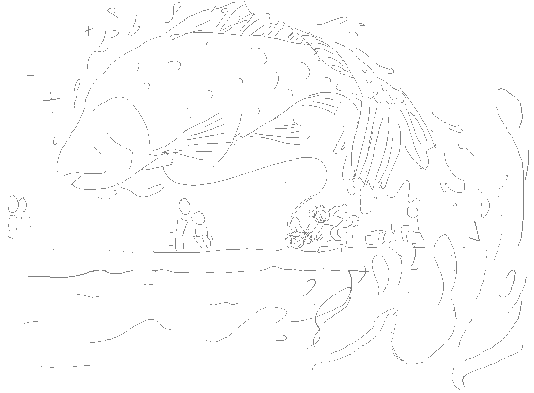 in the foreground is a very sparkly and happy looking carp jumping out of the water and hooked on a fishing line. in the background, ryuji and yusuke are falling into the water.