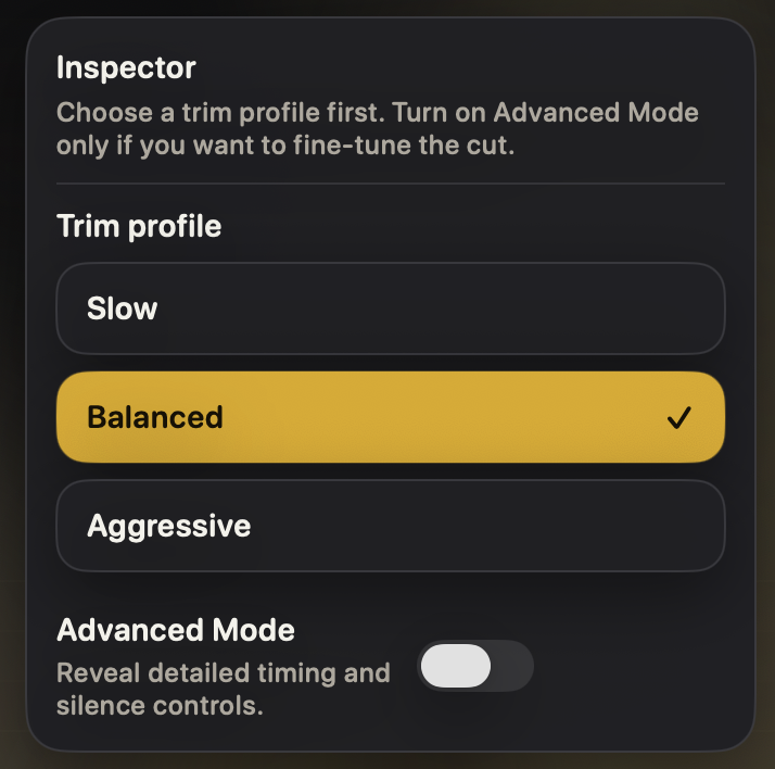 Pace trim profile inspector UI