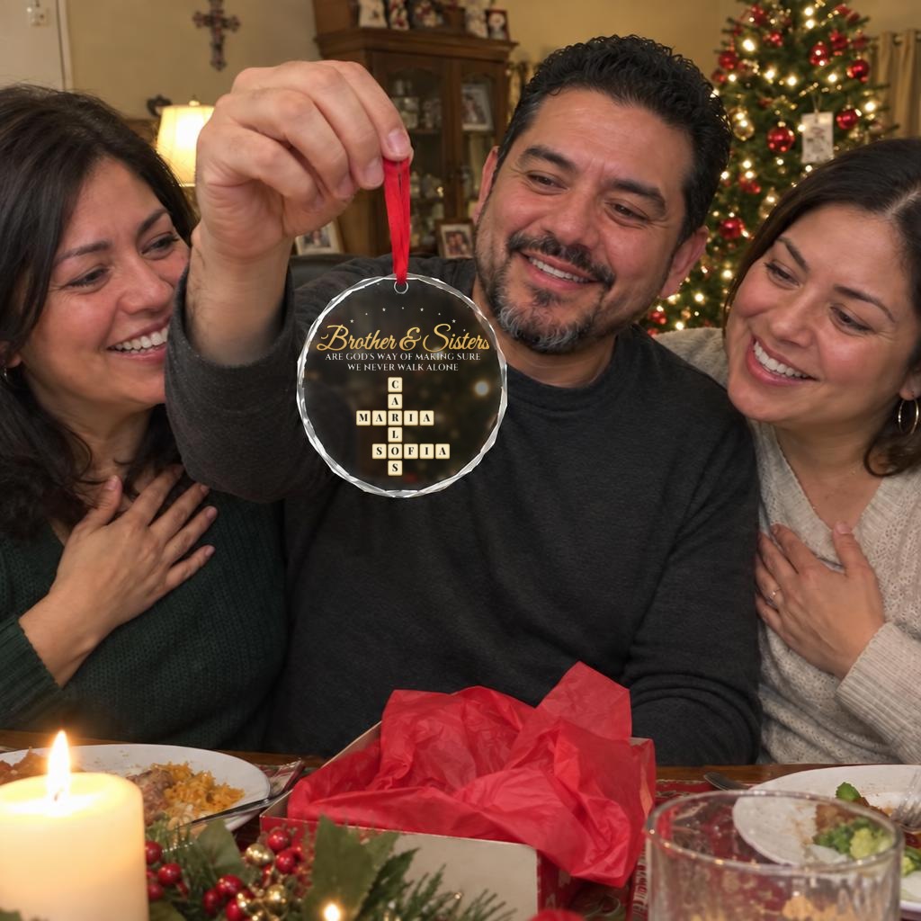 Siblings at Christmas dinner with the ornament