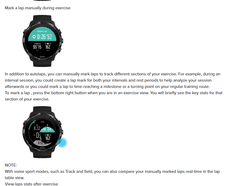 Suunto 7 설명서의 자동 랩에 추가하는 수동 랩 조작과 표시 조건