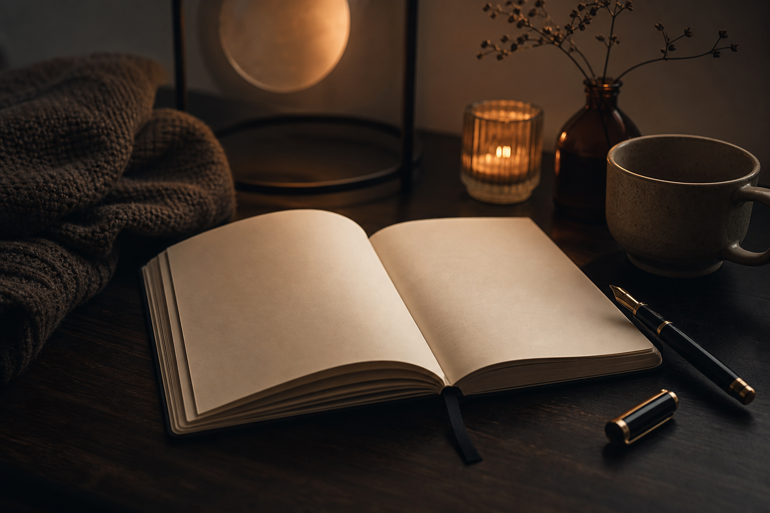 Quiet desk with an open notebook and warm lamp light