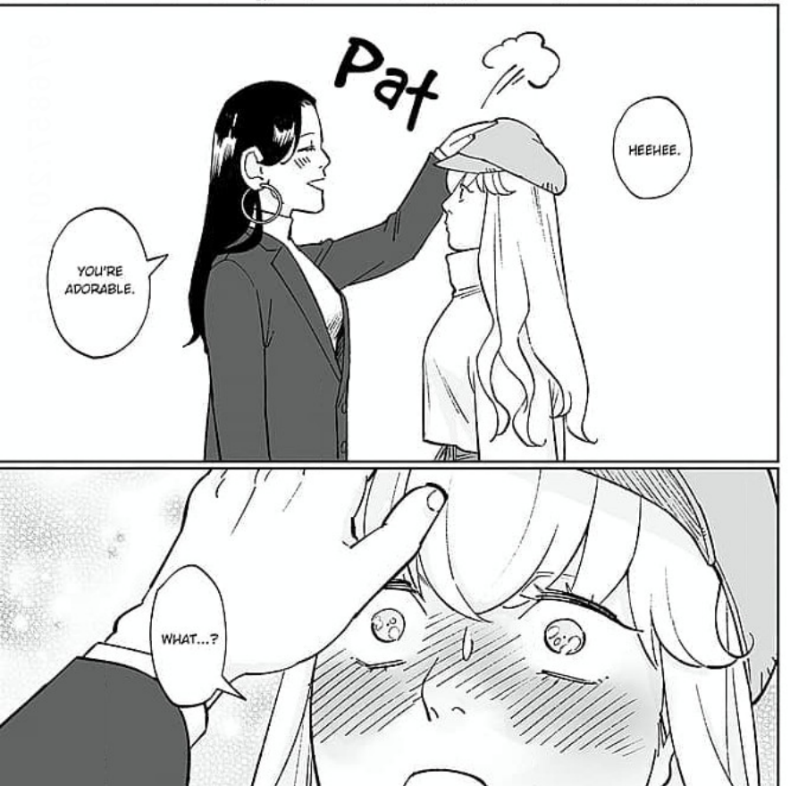 Hiroko, patting Ayaka on the head: Heehee. You're adorable. Ayaka, blushing with wide eyes: What...?