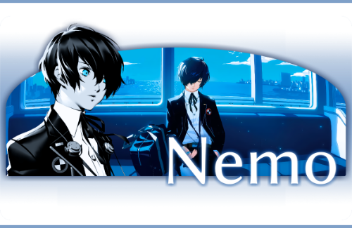 An image of a guy with blue hair that covers over one eye. There is two, one where he is sitting on a train listening to music and another where he is looking sideways. This is the persona 3 Protagonist, specifically from persona 3 reloaded. The white text says "Nemo" and has a blue shadow behind it.