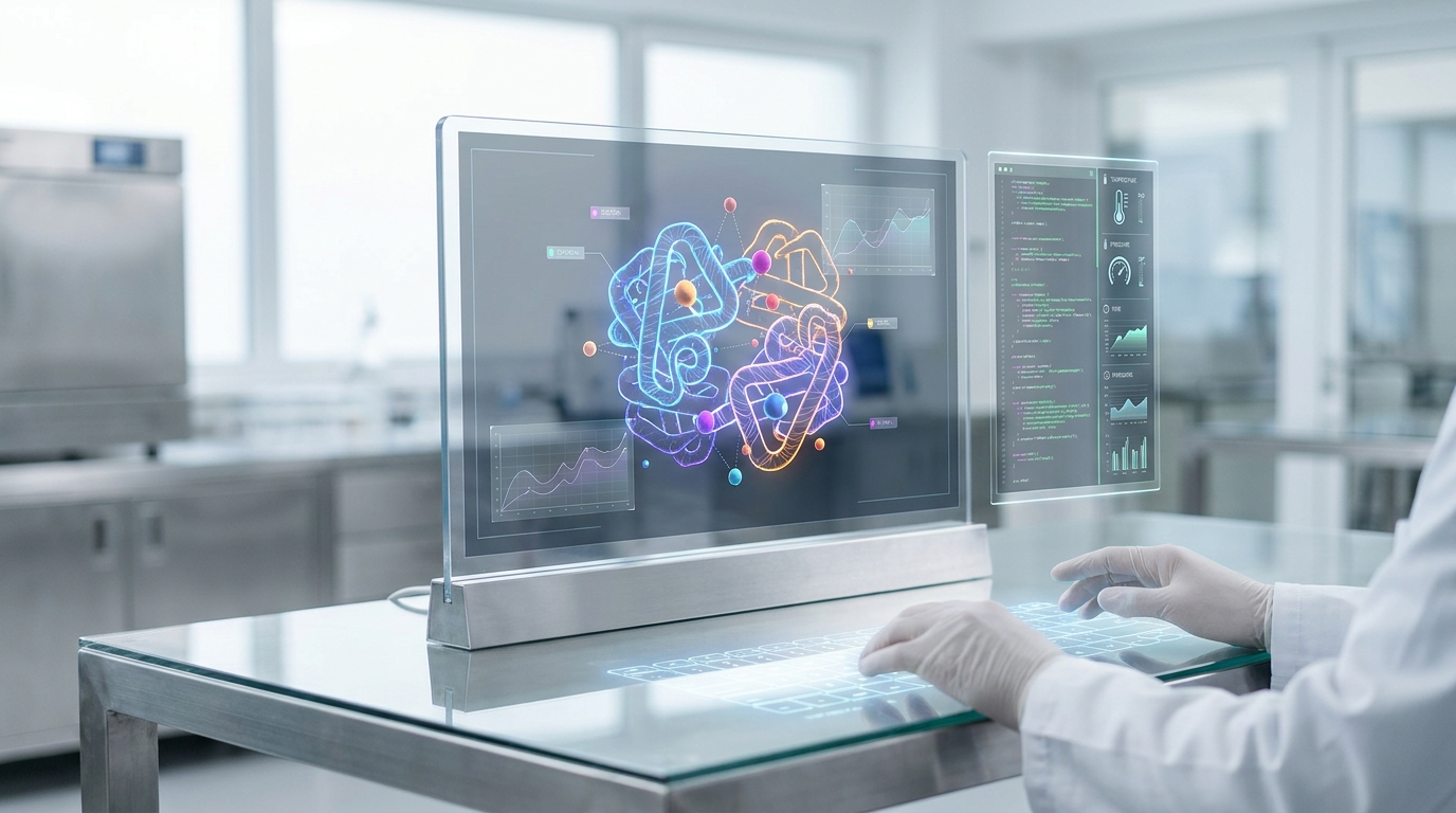 AI workbench interface showing a 3D protein structure and an auditable log, highlighting Claude Science's reproducibility features.