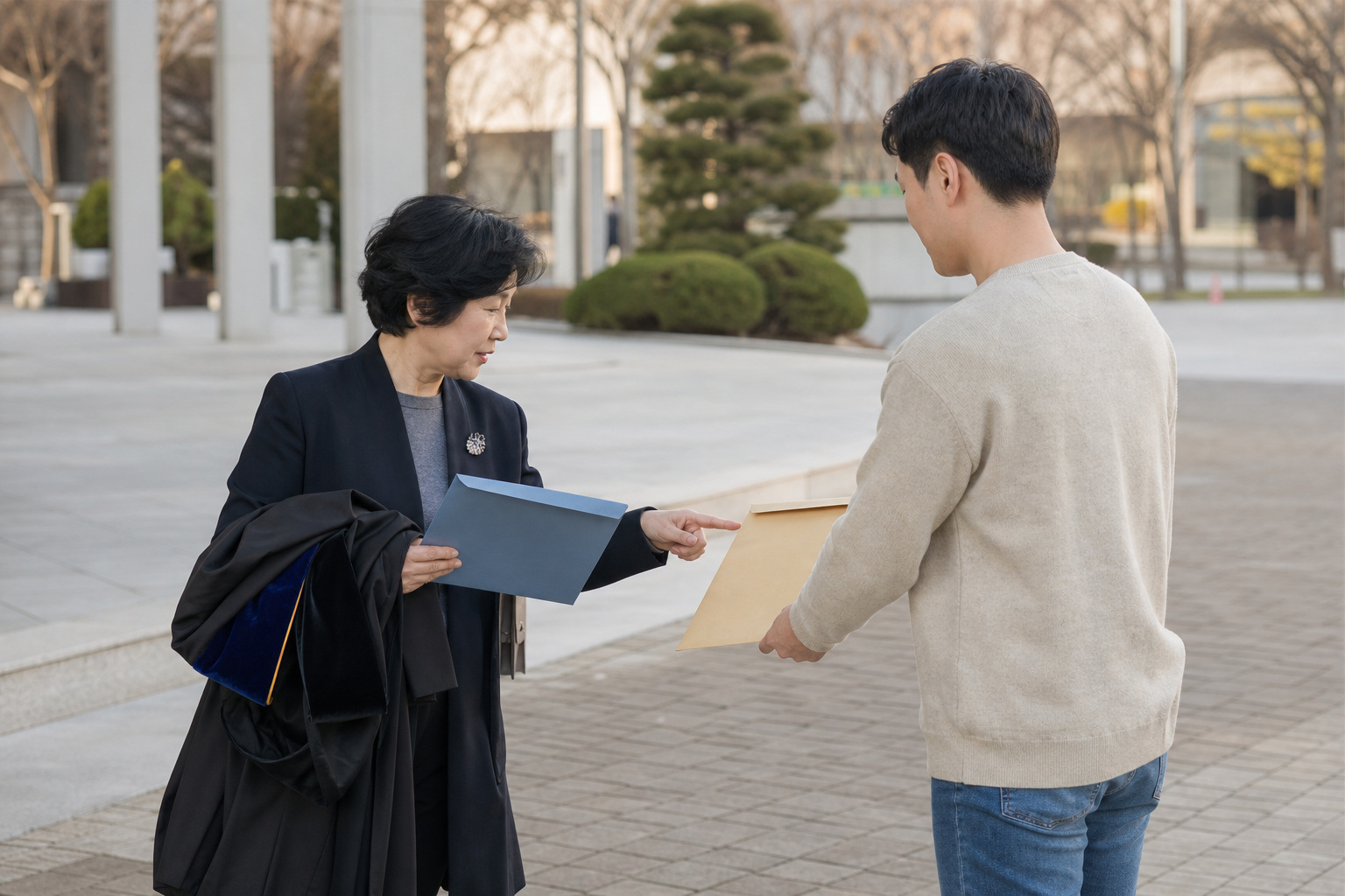 졸업자와 졸업예정자가 서로 다른 학력서류를 선택하는 장면