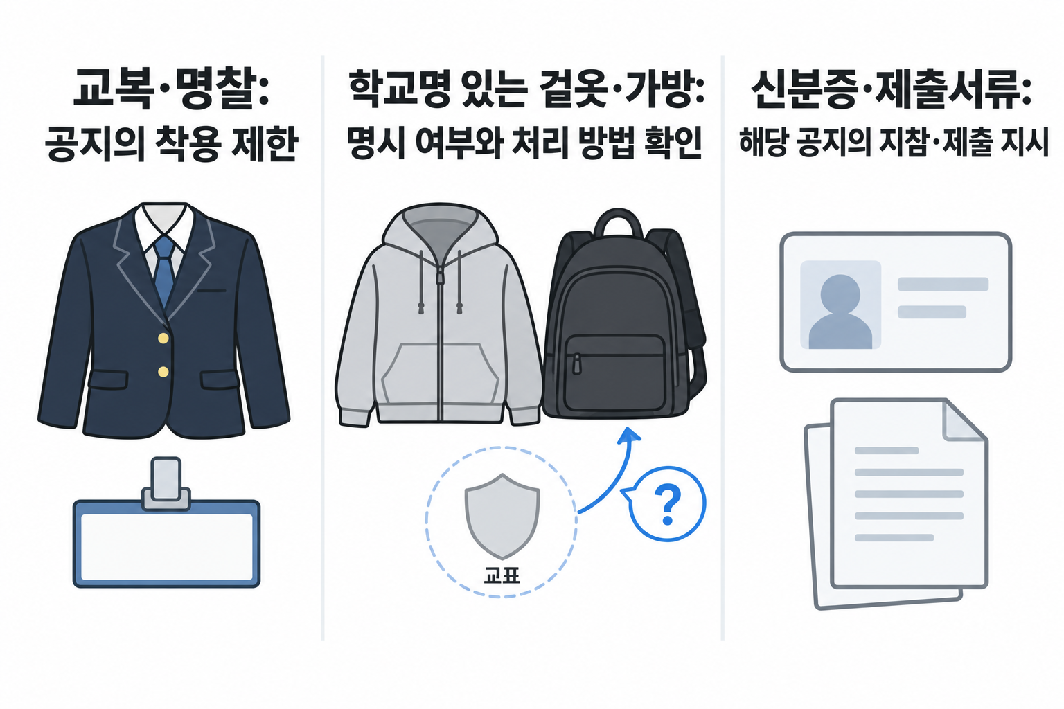 교복·명찰 착용 제한과 겉옷·가방 확인 및 신분증·서류 지참을 나눈 설명용 도식